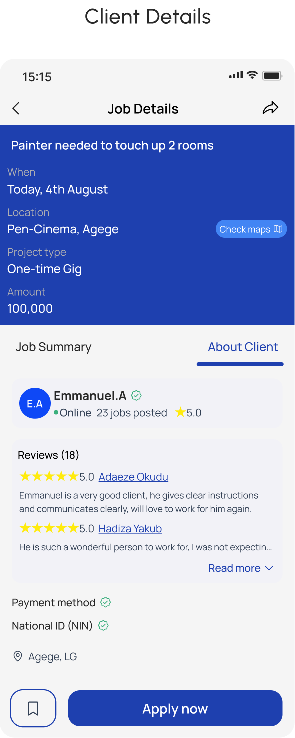 Hustle app Job Details page — Client Details showing client profile, star ratings, review excerpts and identity verification badges